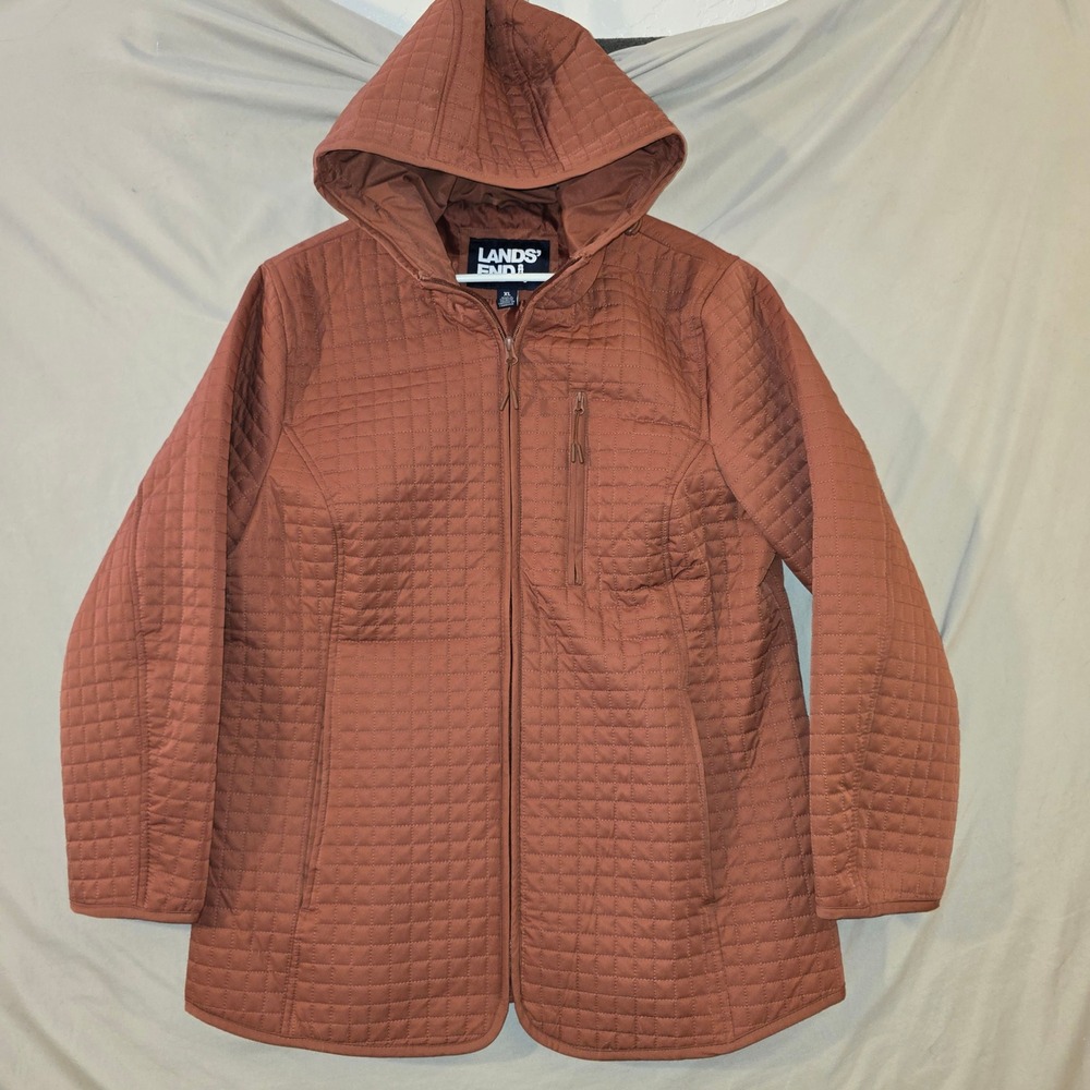 Lands' End Quilted Jacket XL Women Rust Hooded Full Zip Thin filled Pocket
